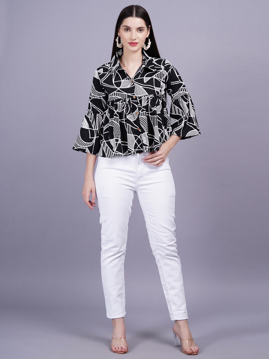 

JC4U FGeometric Print Shirt Style Women Top, Black