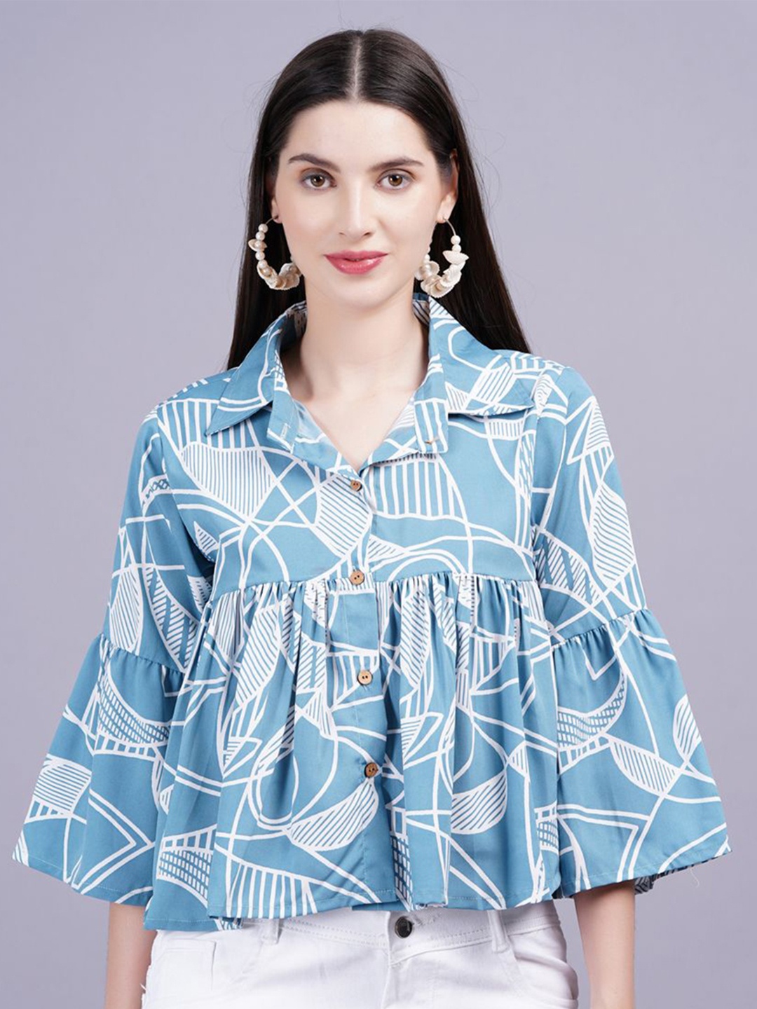 

HIGHLIGHT FASHION EXPORT Geometric Printed Shirt Style Top, Blue