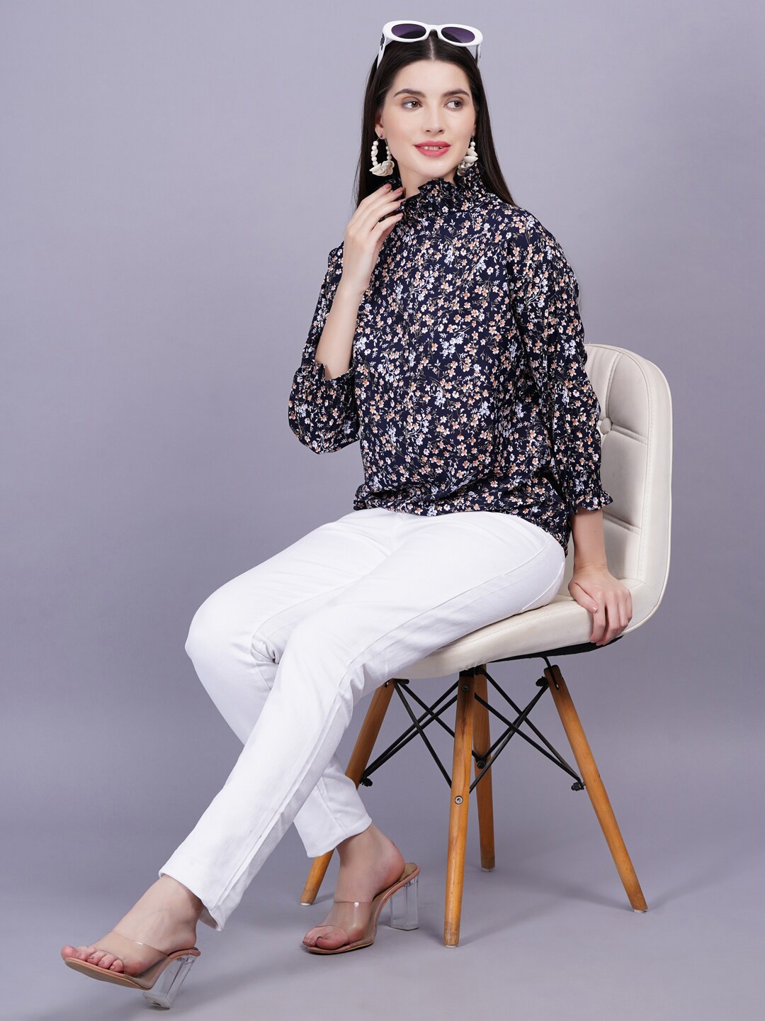 

HIGHLIGHT FASHION EXPORT Floral Printed High Neck Women Top, Navy blue