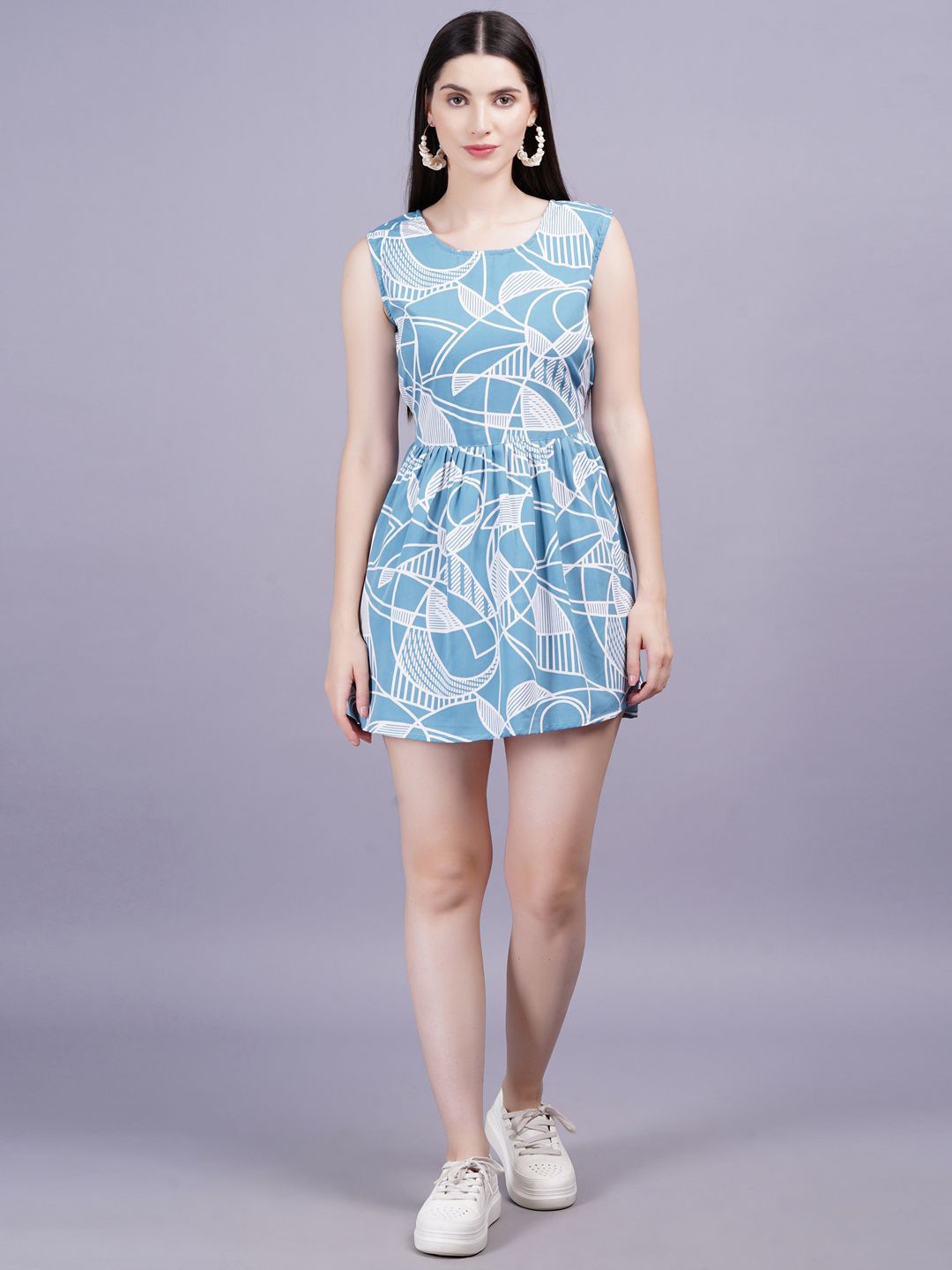 

HIGHLIGHT FASHION EXPORT Geometric Printed Rayon round Neck Women Top, Blue