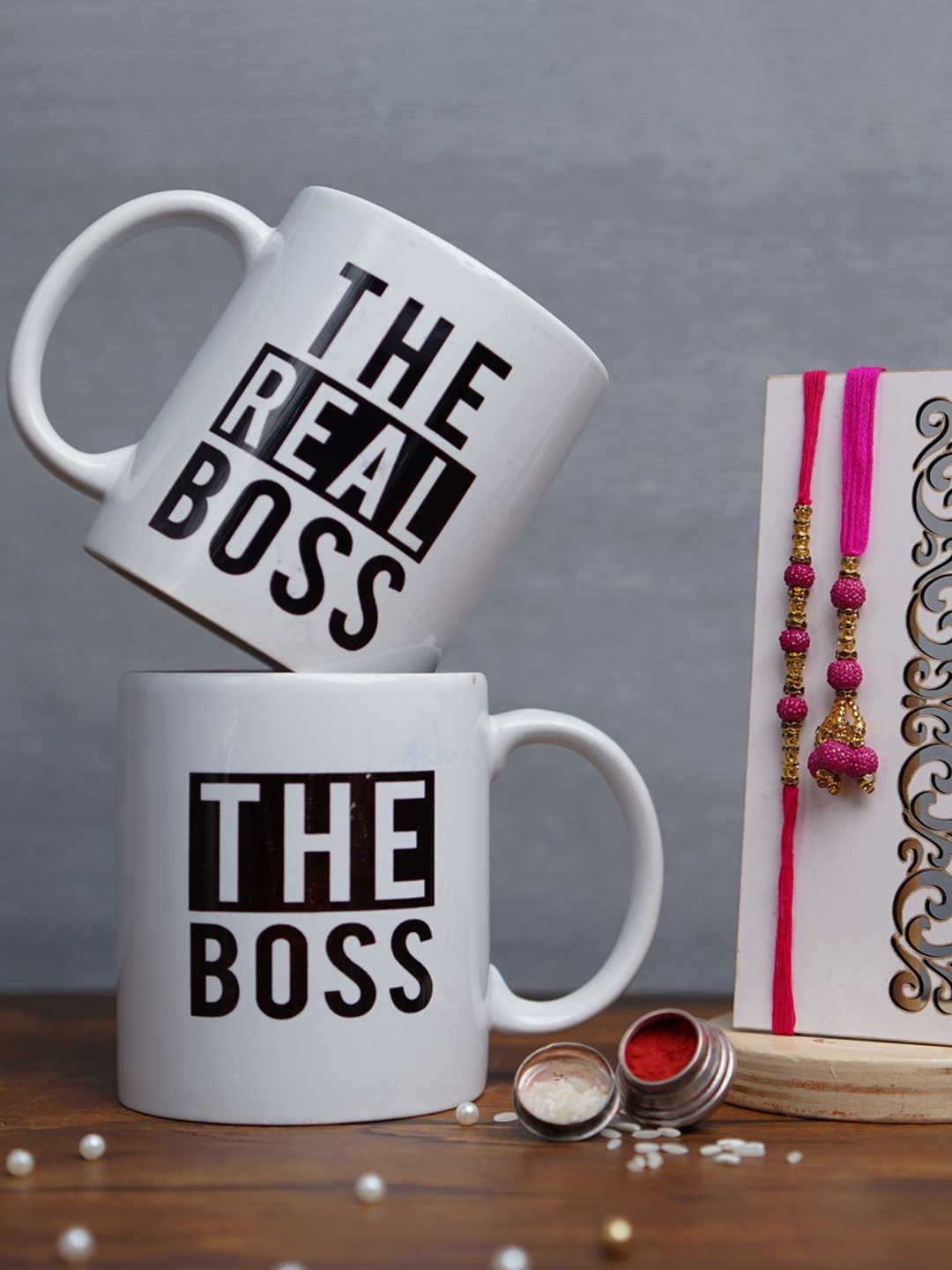 

Phirki Studio Set Of 4 Beaded Rakhi With Mugs & Greeting Card With Roli Chawal, White