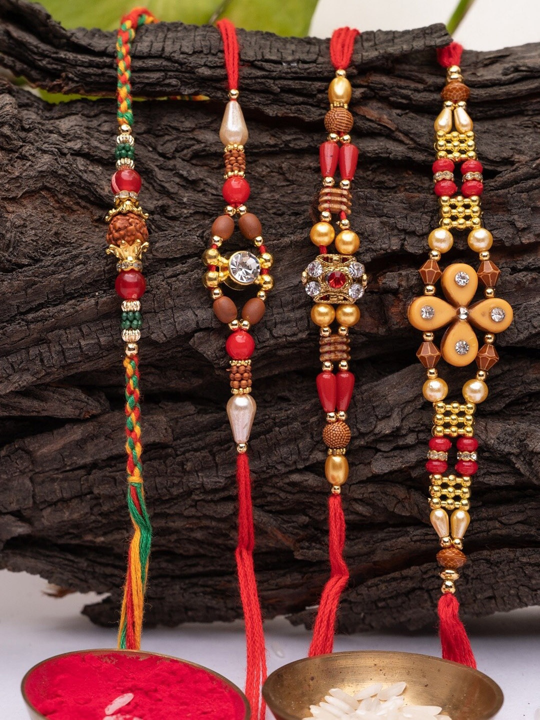 

Phirki Studio Set Of 4 Stone-Studded & Beaded Rakhi With Roli Rice, Red