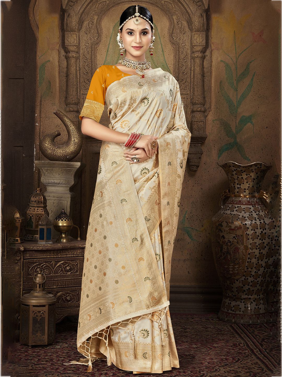 

SANGAM PRINTS Woven Design Zari Silk Blend Tussar Saree, Cream