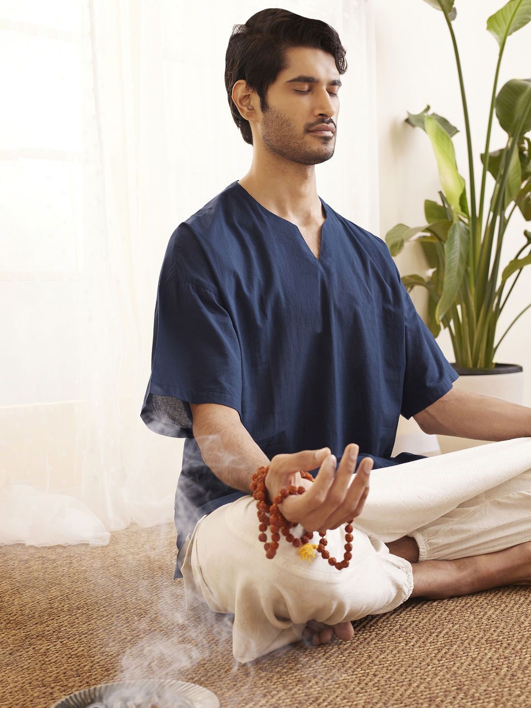 

VASTRAMAY Men Pure Cotton Yoga Co-Ords, Navy blue
