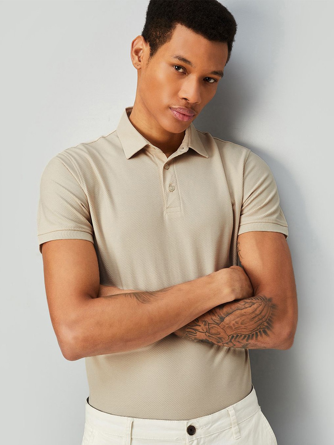 

max Men Polo Collar Pockets T-shirt, Beige