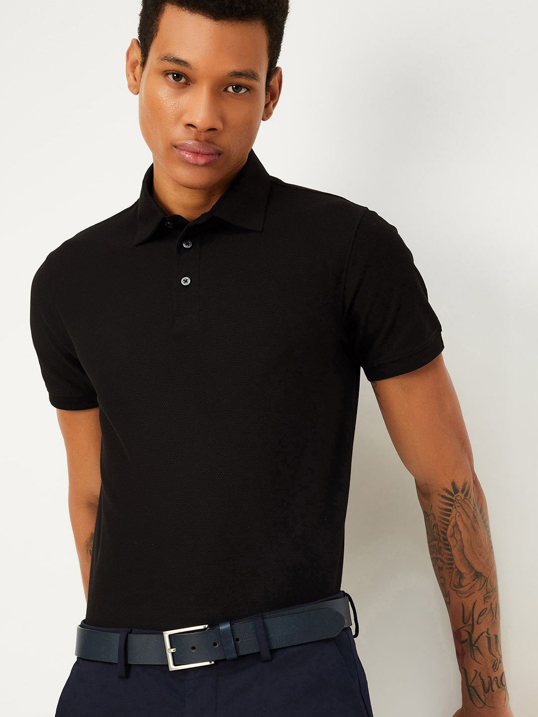 

max Men Polo Collar Pockets T-shirt, Black
