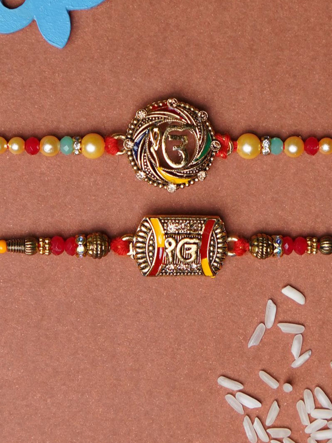 

Phirki Studio Set Of 2 Stone Studded & Beaded Rakhi With Roli Chawal, Red