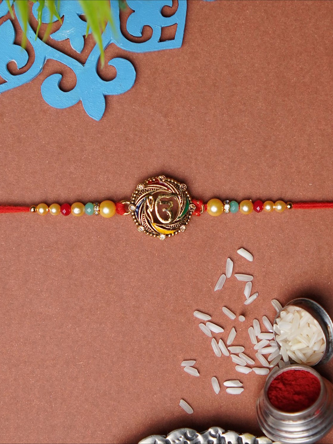 

Phirki Studio Stone Studded & Beaded Rakhi With Roli Chawal, Red