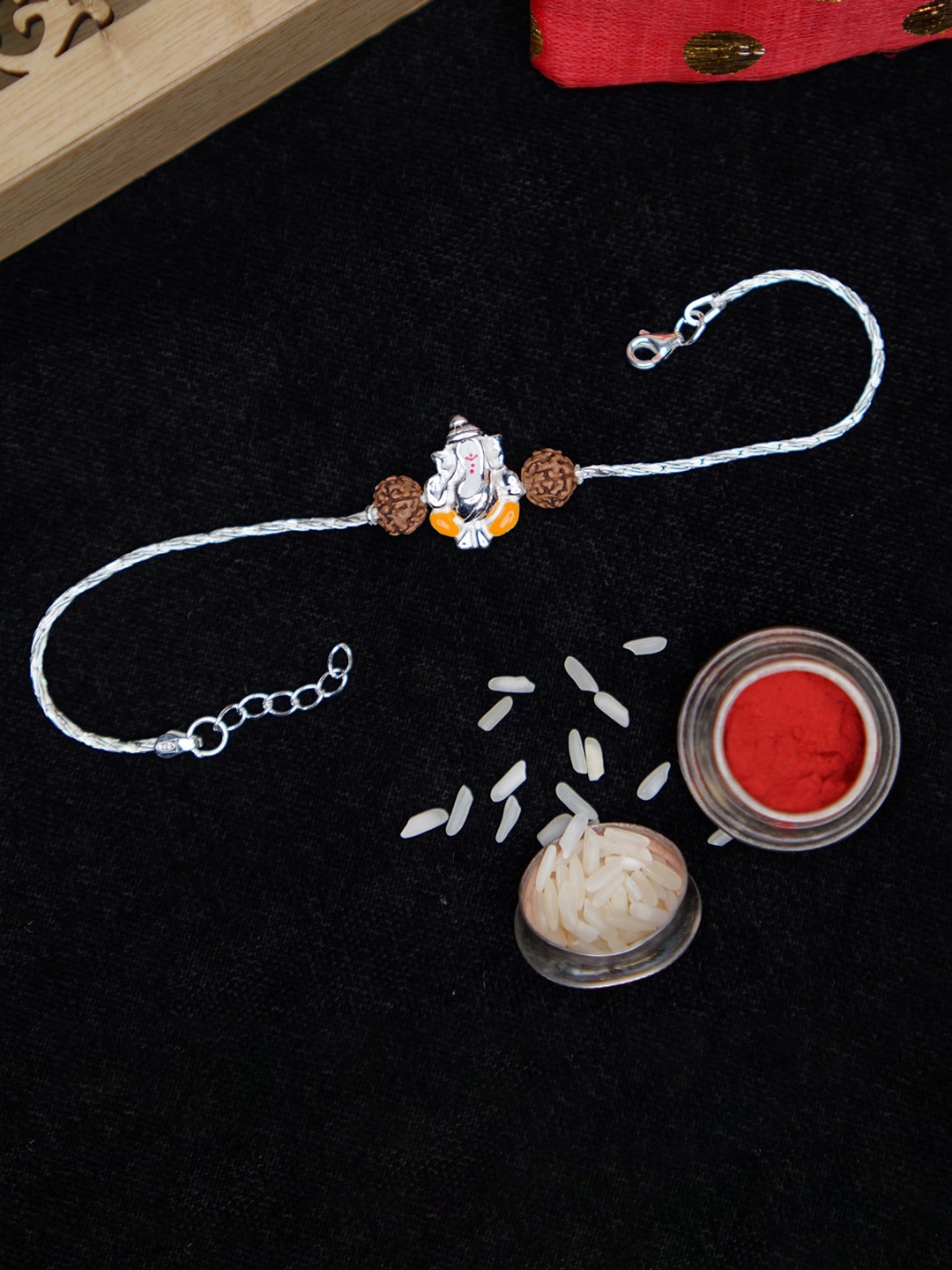 

Phirki Studio Beaded Rakhi with Roli Chawal, Silver