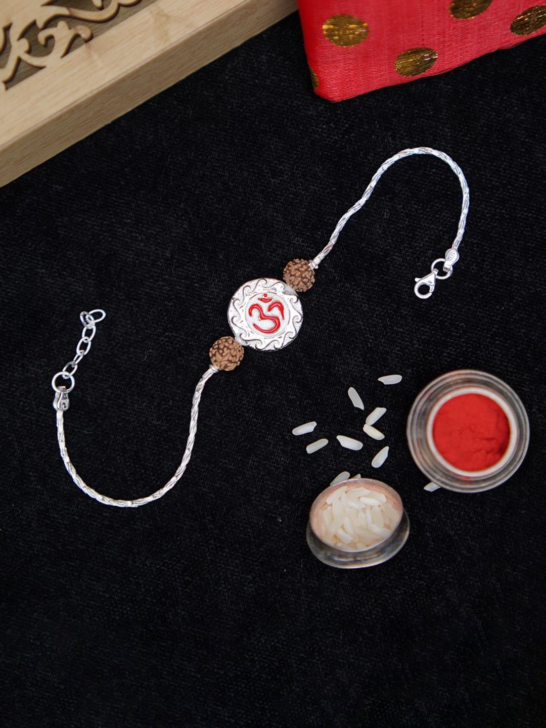 

Phirki Studio Beaded Rakhi with Roli Chawal, Silver