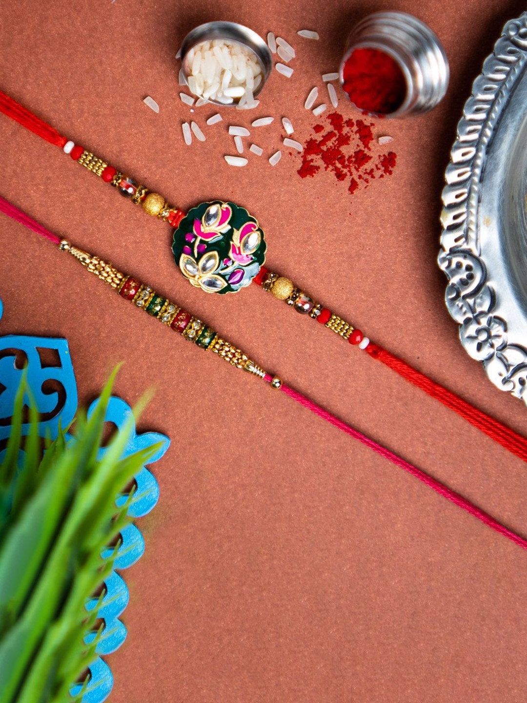 

Phirki Studio Set Of 2 Beaded Rakhis With Roli Chawal, Red