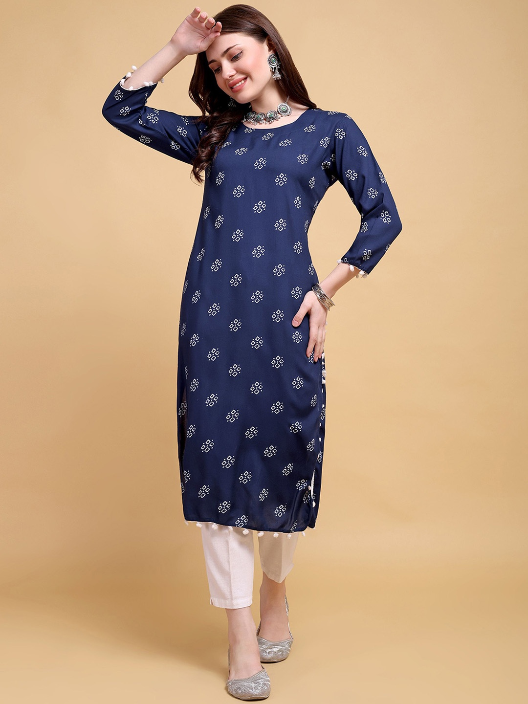 

JAFFRY EMBROIDERY Women Geometric Printed Flared Sleeves Kurta, Blue