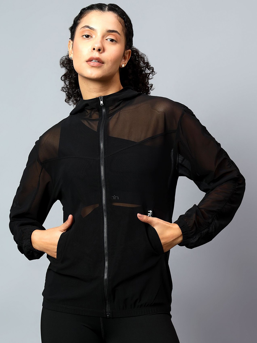 

Fitkin Women Ruched Long Sleeve Mesh Jacket, Black