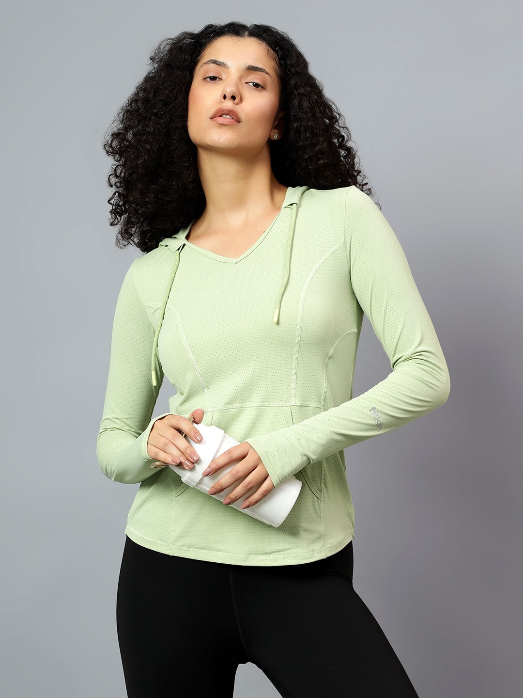 

Fitkin Womens Green Self Design Longsleeve Hooded Tshirt