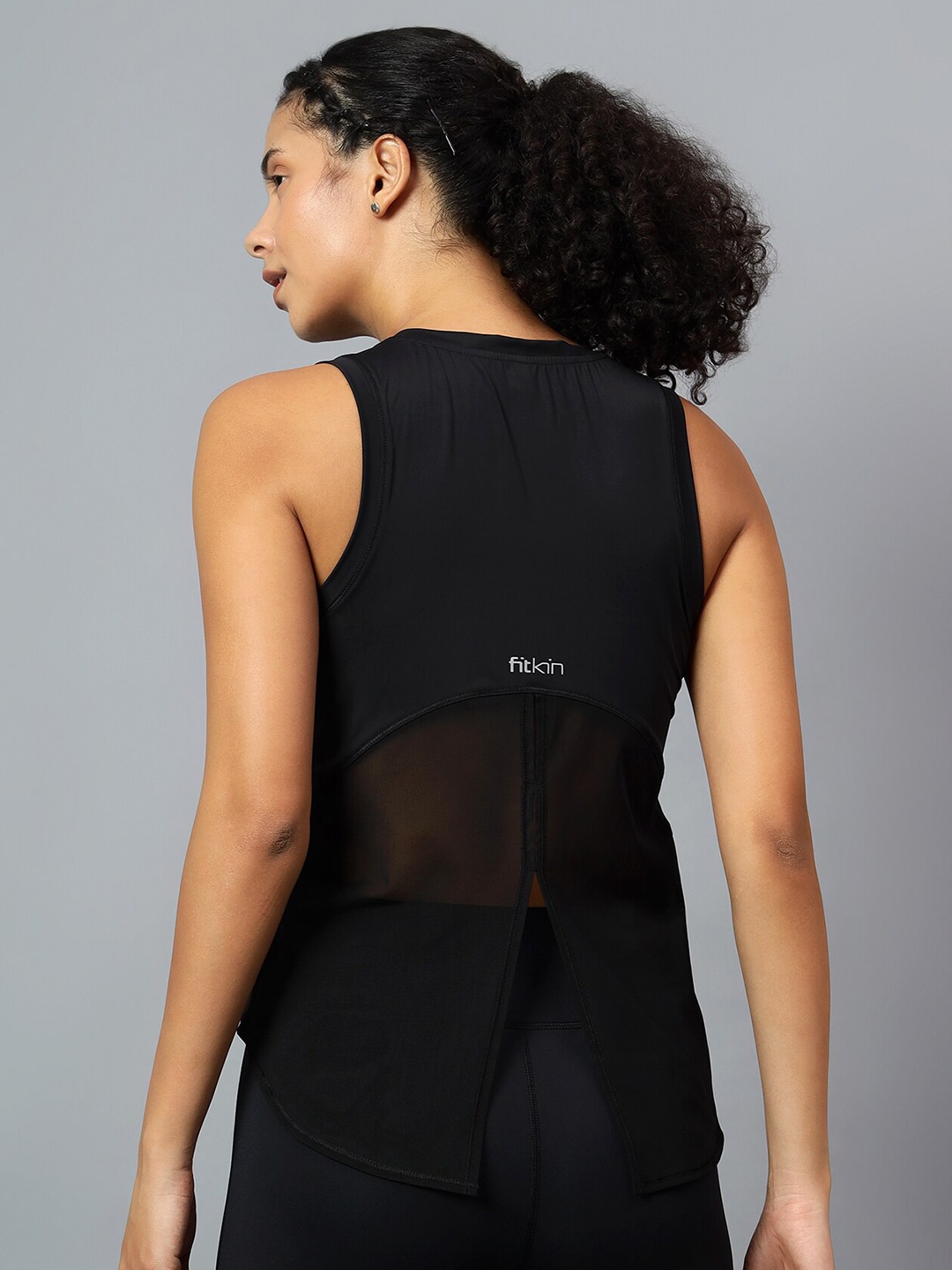 

Fitkin Womens Black Tank top with back net panel design
