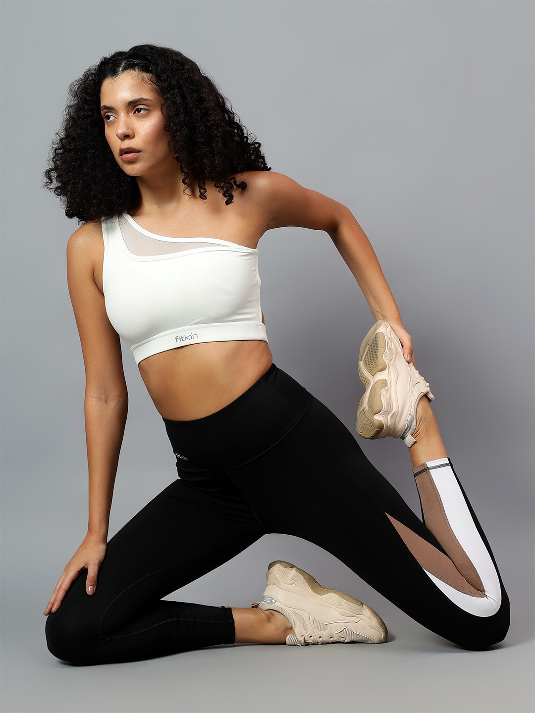Fitkin Womens Black Colorblock High Waist Curve Sculpting Tights