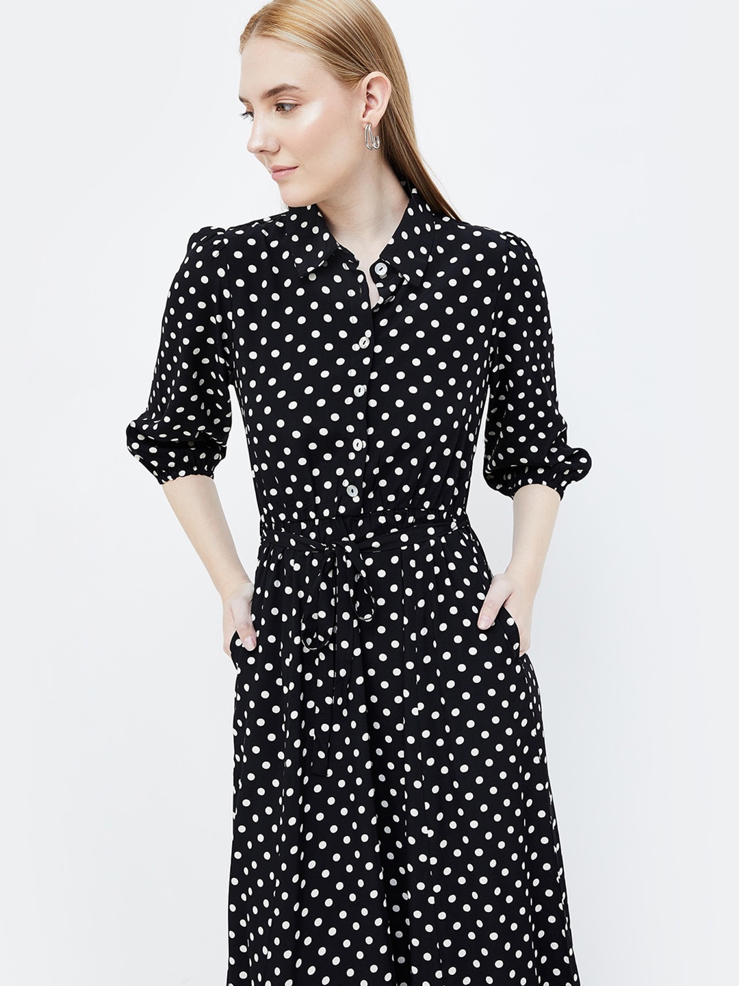 

CODE by Lifestyle Polka Dot Print Shirt Midi Dress, Black