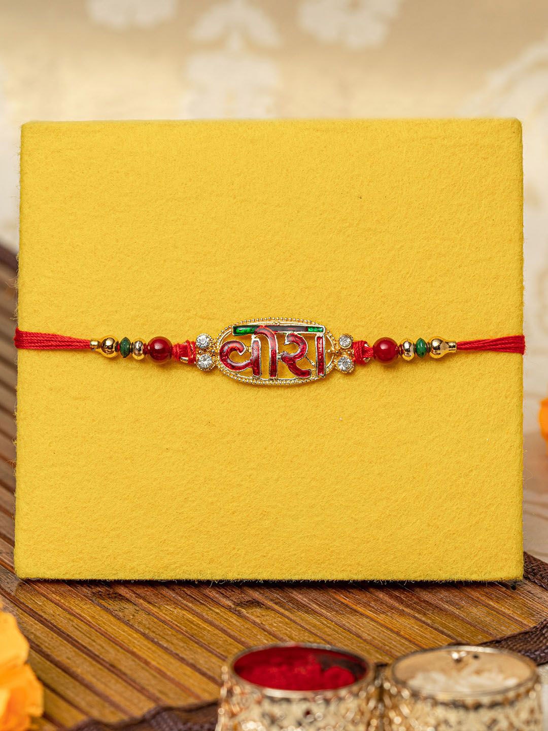 

Tied Ribbons Rakhi, Card & Roli Chawal Gift Set, Red