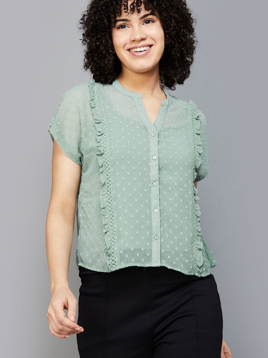 

Fame Forever by Lifestyle Mandarin Collar Shirt Style Top, Olive