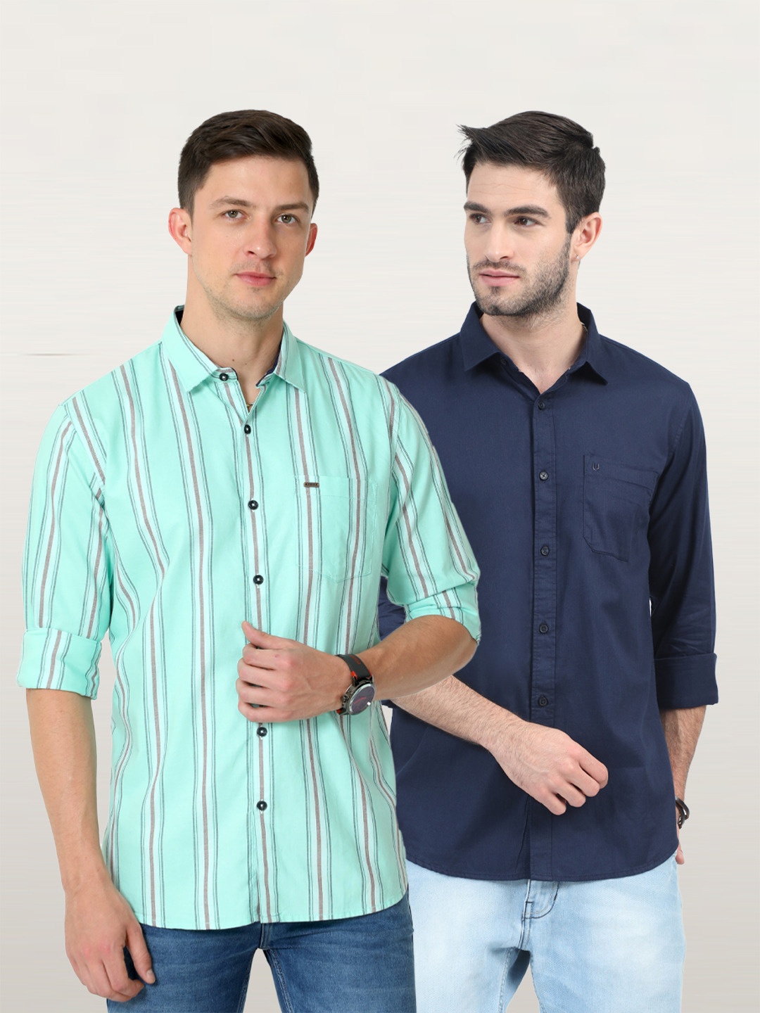 

URBARO Pack Of 2 Smart Slim Fit Spread Collar Pure Cotton Casual Shirts, Navy blue