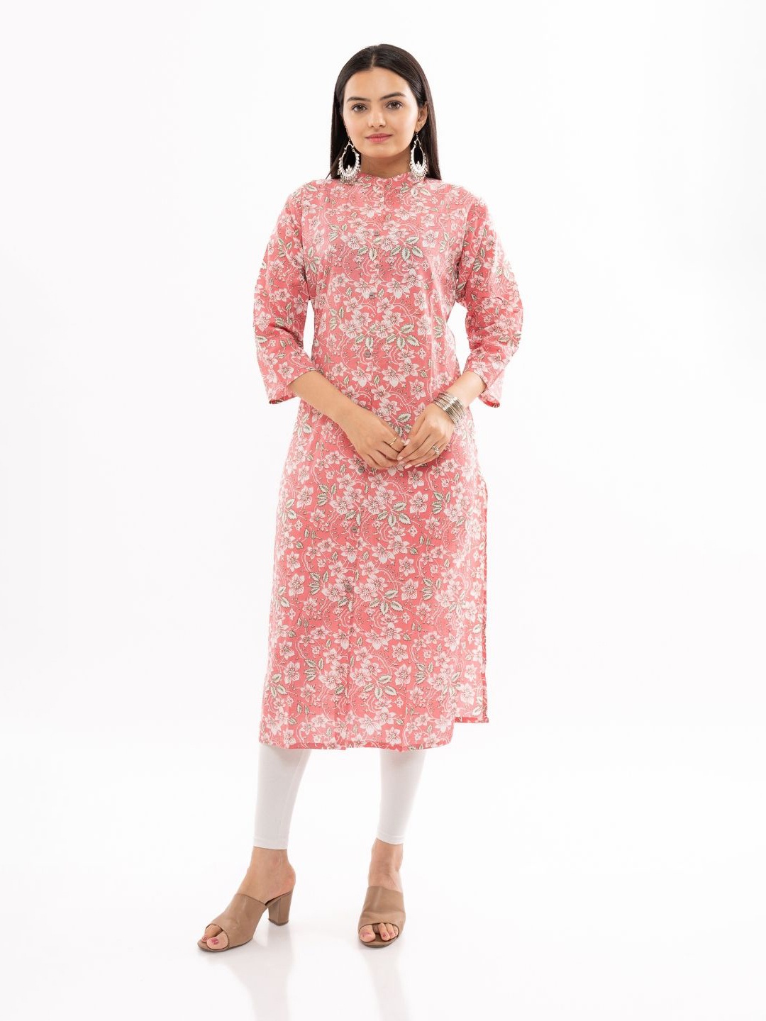 

EKISHA Floral Printed Mandarin Collar Pure Cotton Straight Kurta, Pink