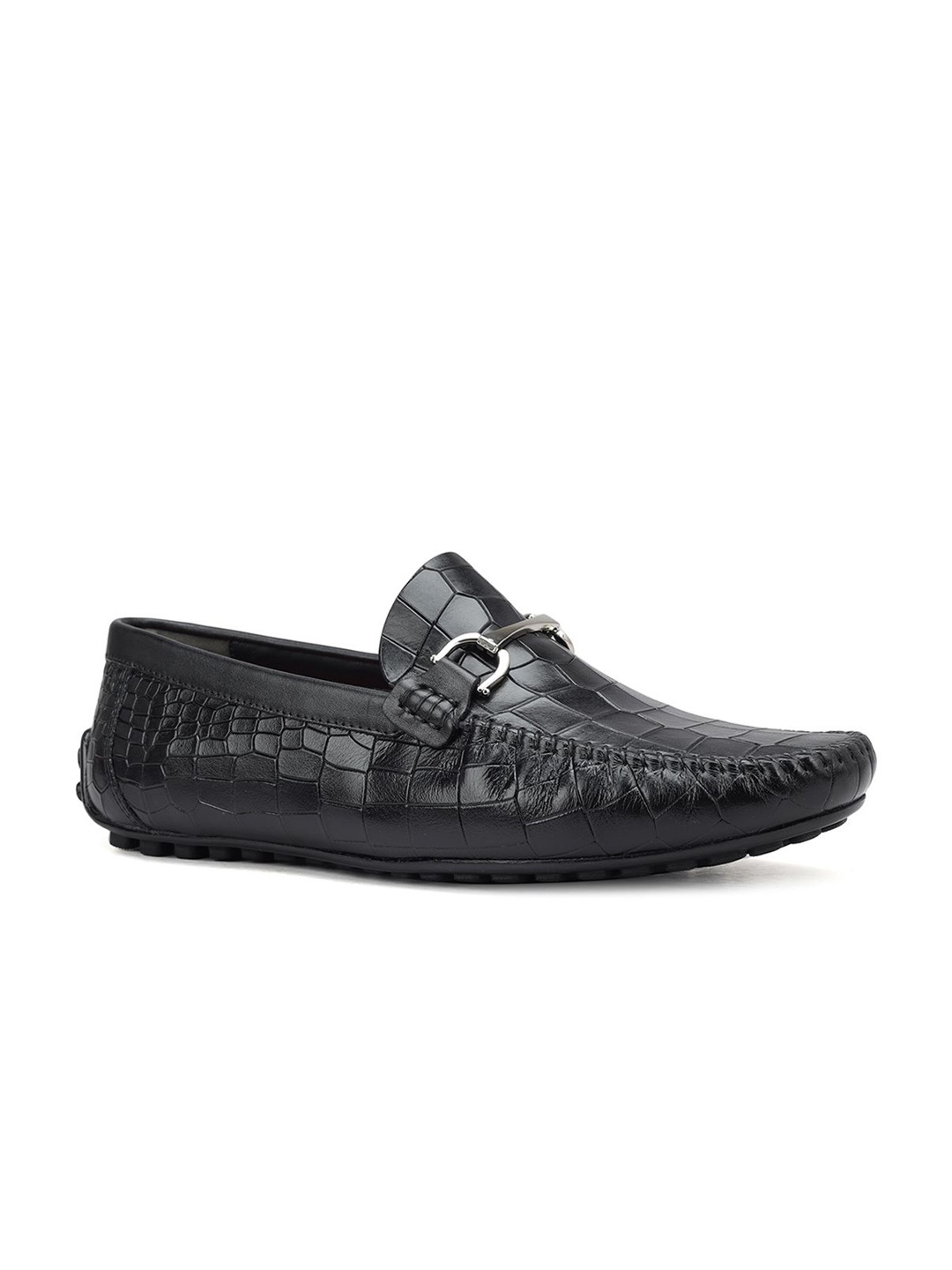 

ROSSO BRUNELLO Men Textured Round Toe Leather Formal Loafers, Black