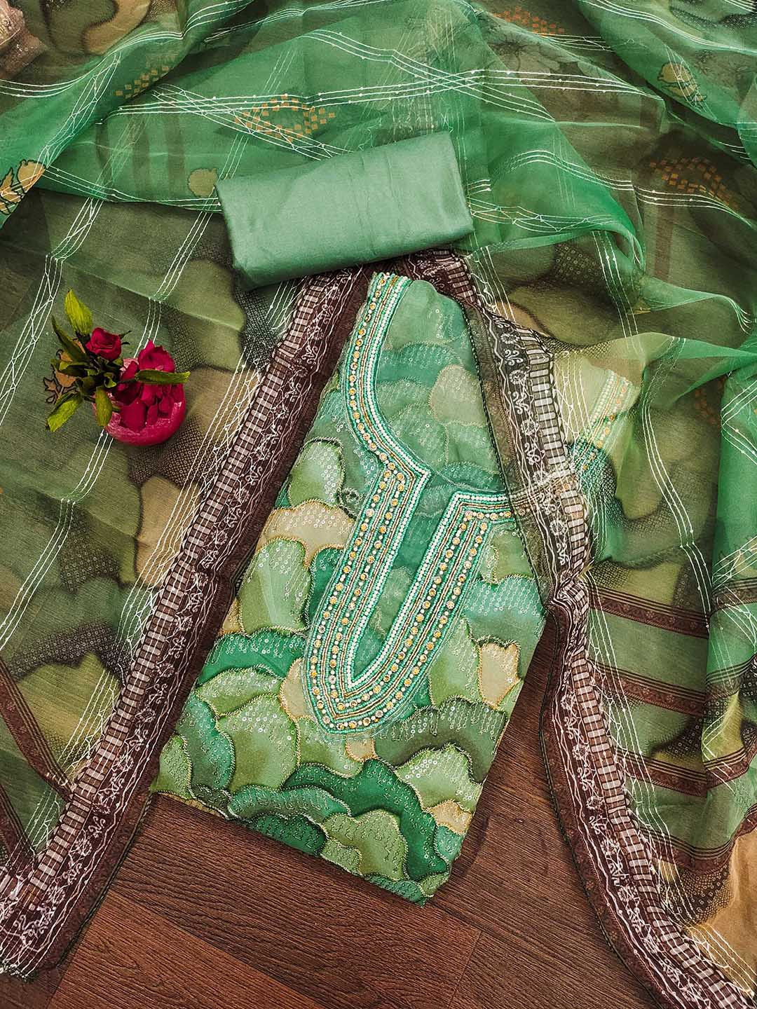 

KALINI Embellished Organza Unstitched Dress Material, Green