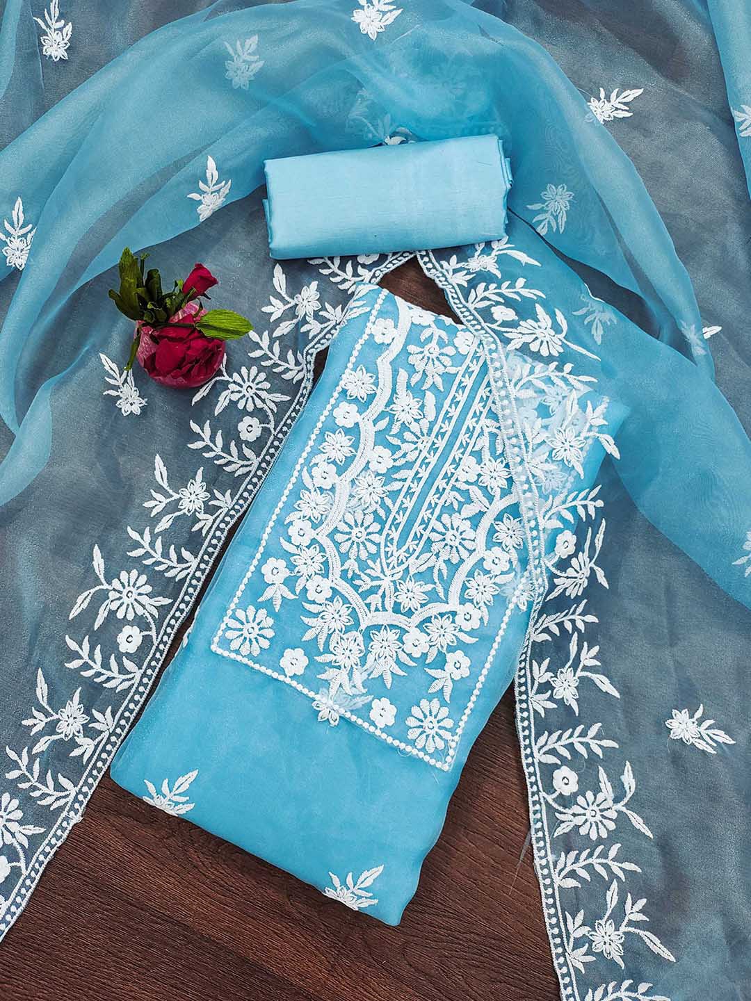 

KALINI Embroidered Organza Unstitched Dress Material, Blue