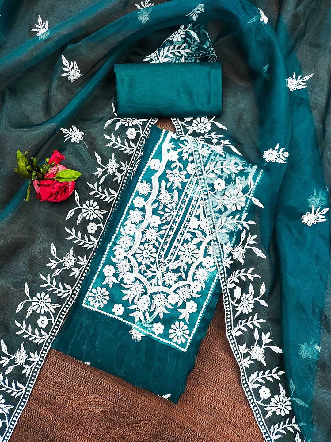 

KALINI Embroidered Organza Unstitched Dress Material, Teal