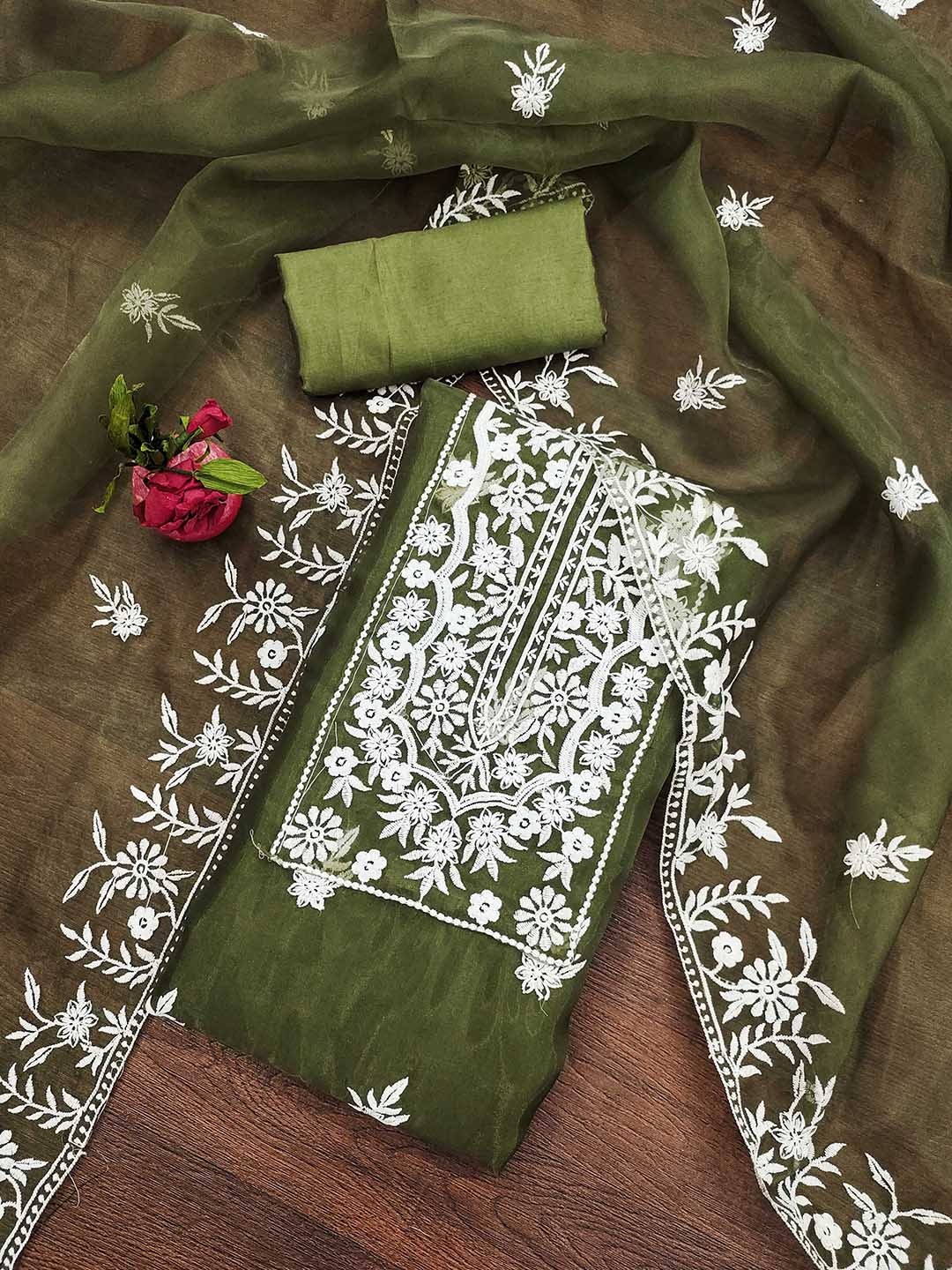 

KALINI Embroidered Organza Unstitched Dress Material, Green