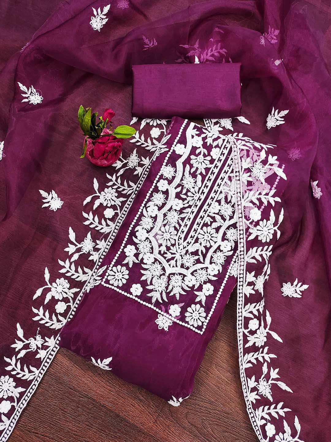 

KALINI Embroidered Organza Unstitched Dress Material, Purple