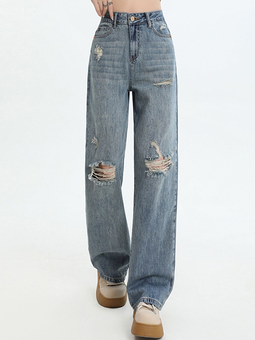 

LULU & SKY Women Straight Fit High-Rise Mildly Distressed Light Fade Jeans, Blue