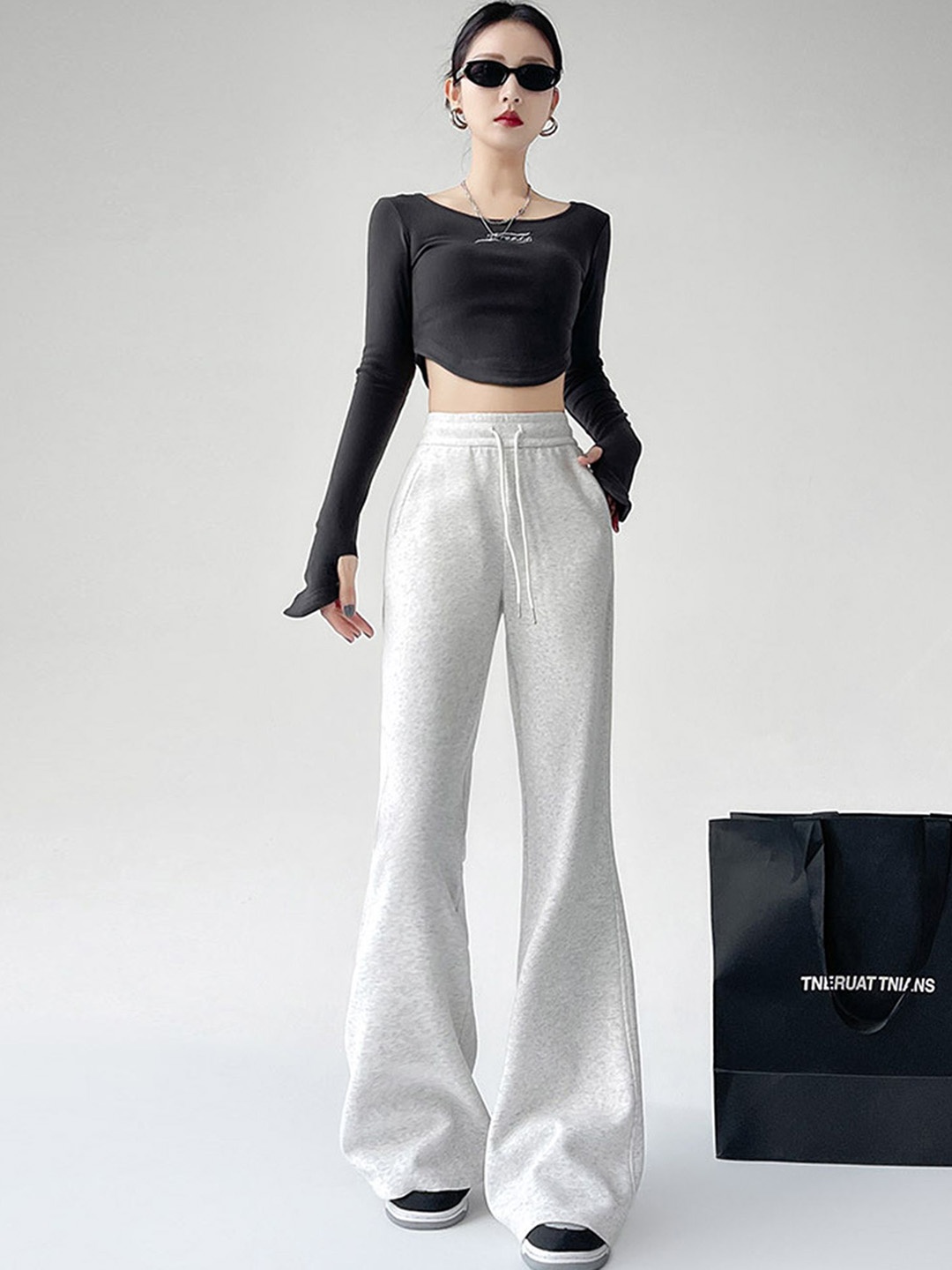

LULU & SKY Women Flared High-Rise Trousers, Grey