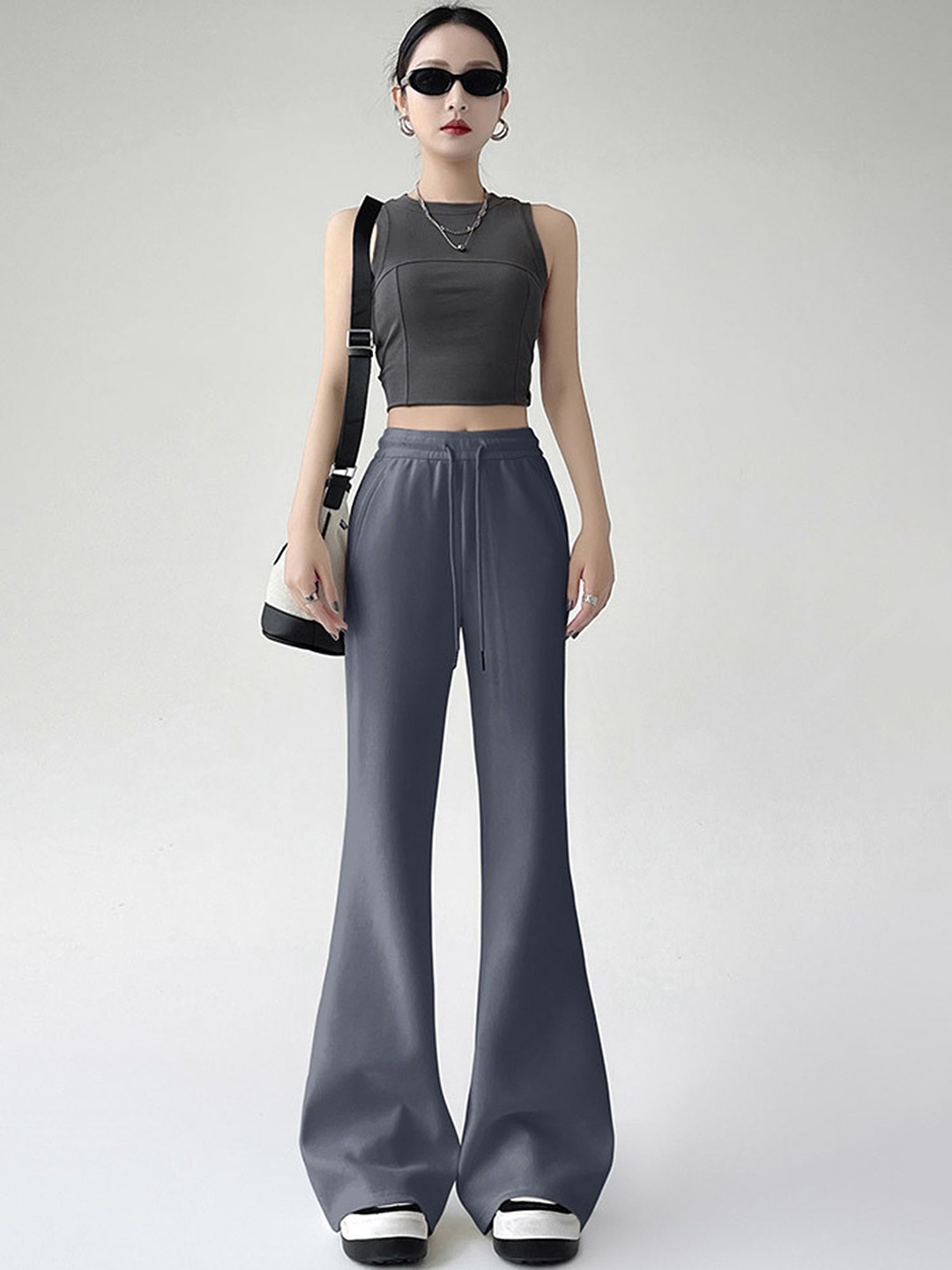

LULU & SKY Women Flared High-Rise Trousers, Grey