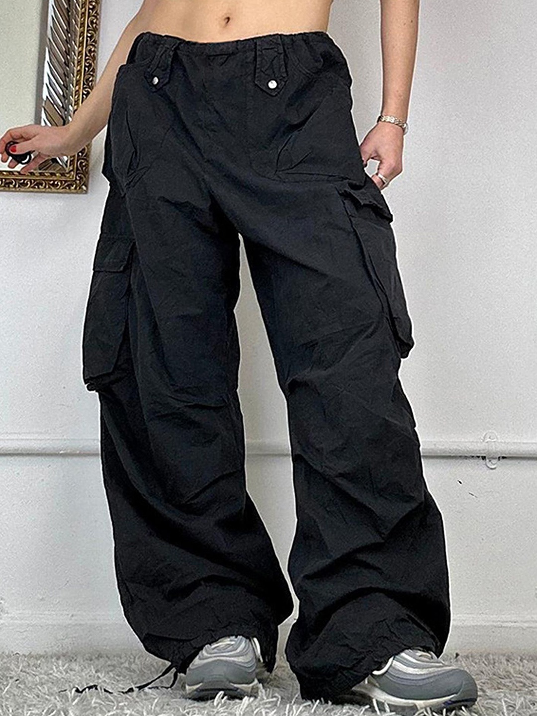 

LULU & SKY Women Straight Fit Low-Rise Cargos Trousers, Black