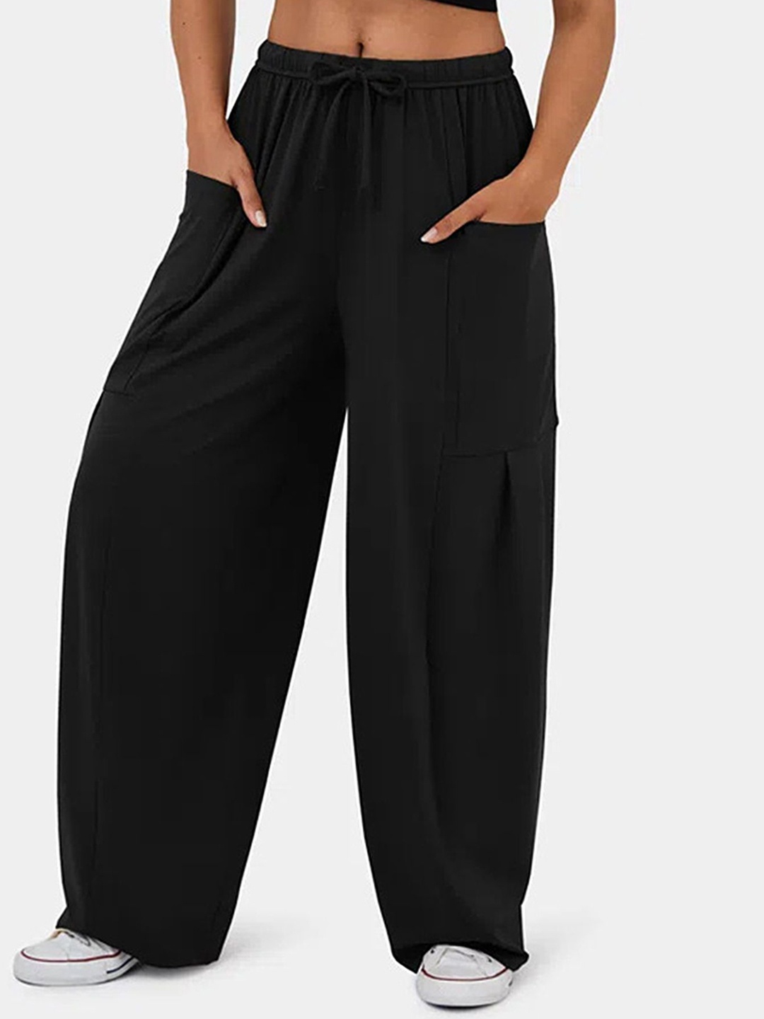 

LULU & SKY Women Straight Fit High-Rise Wide Leg Trousers, Black