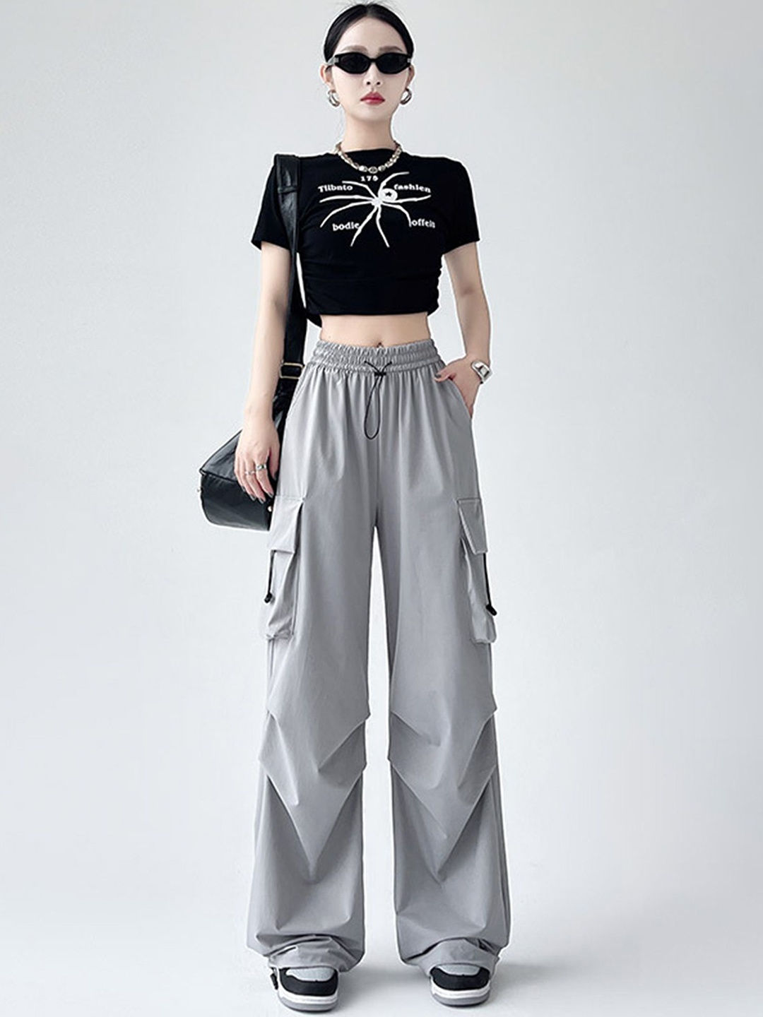 

LULU & SKY Women Straight Fit High-Rise Cargos Trousers, Grey