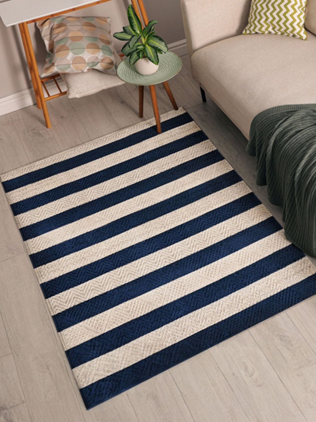 

nestroots Navy Blue Striped Hand-Tufted Woollen Carpet