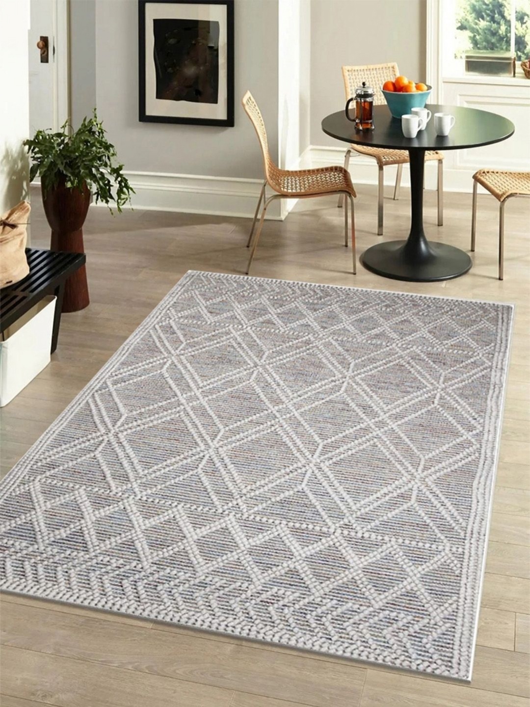 

nestroots White Geometric Woollen Carpet