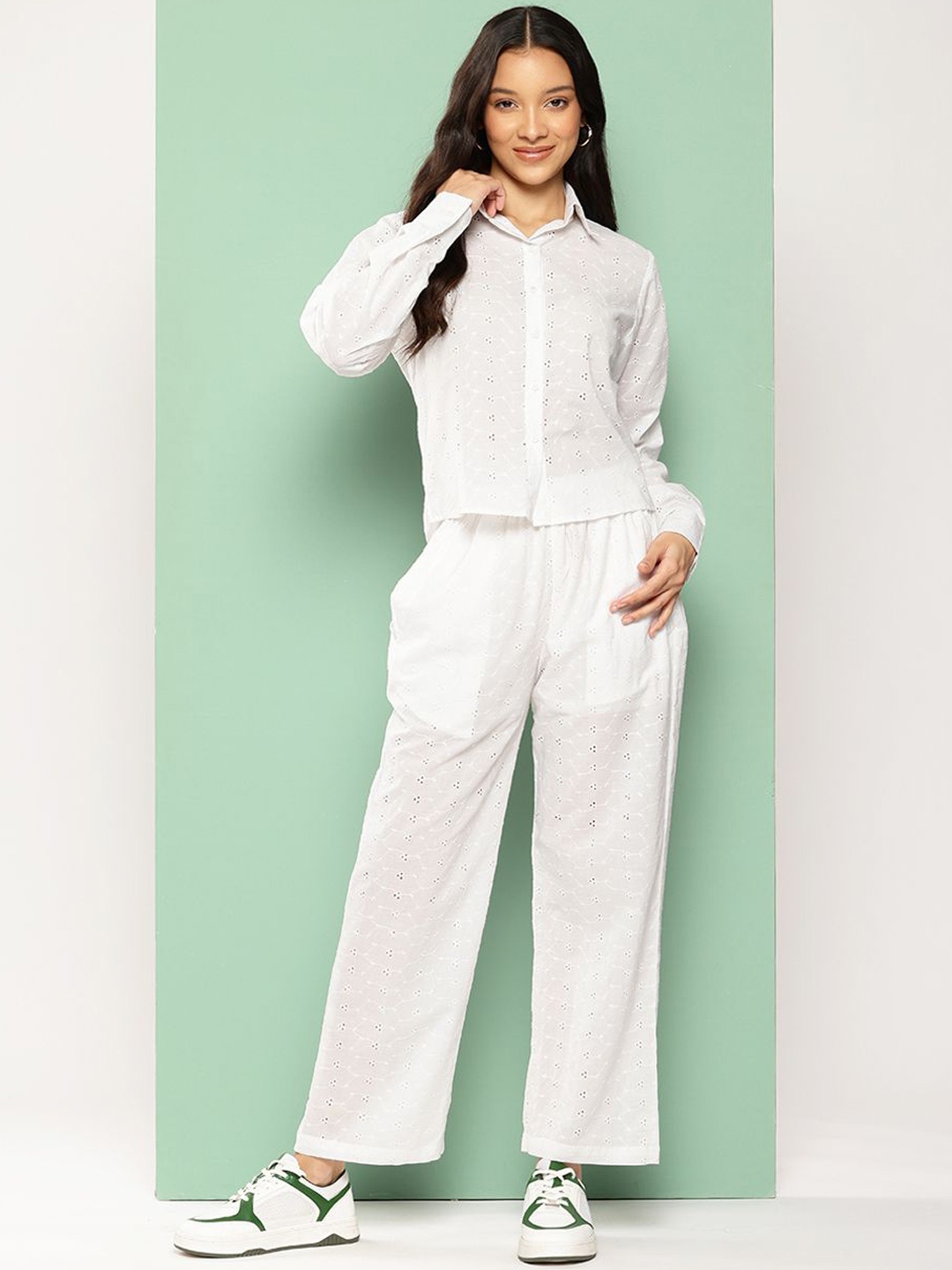 

Chemistry Self-Design Pure Cotton Collar Neck Shirt & Trousers Co-Ords, White