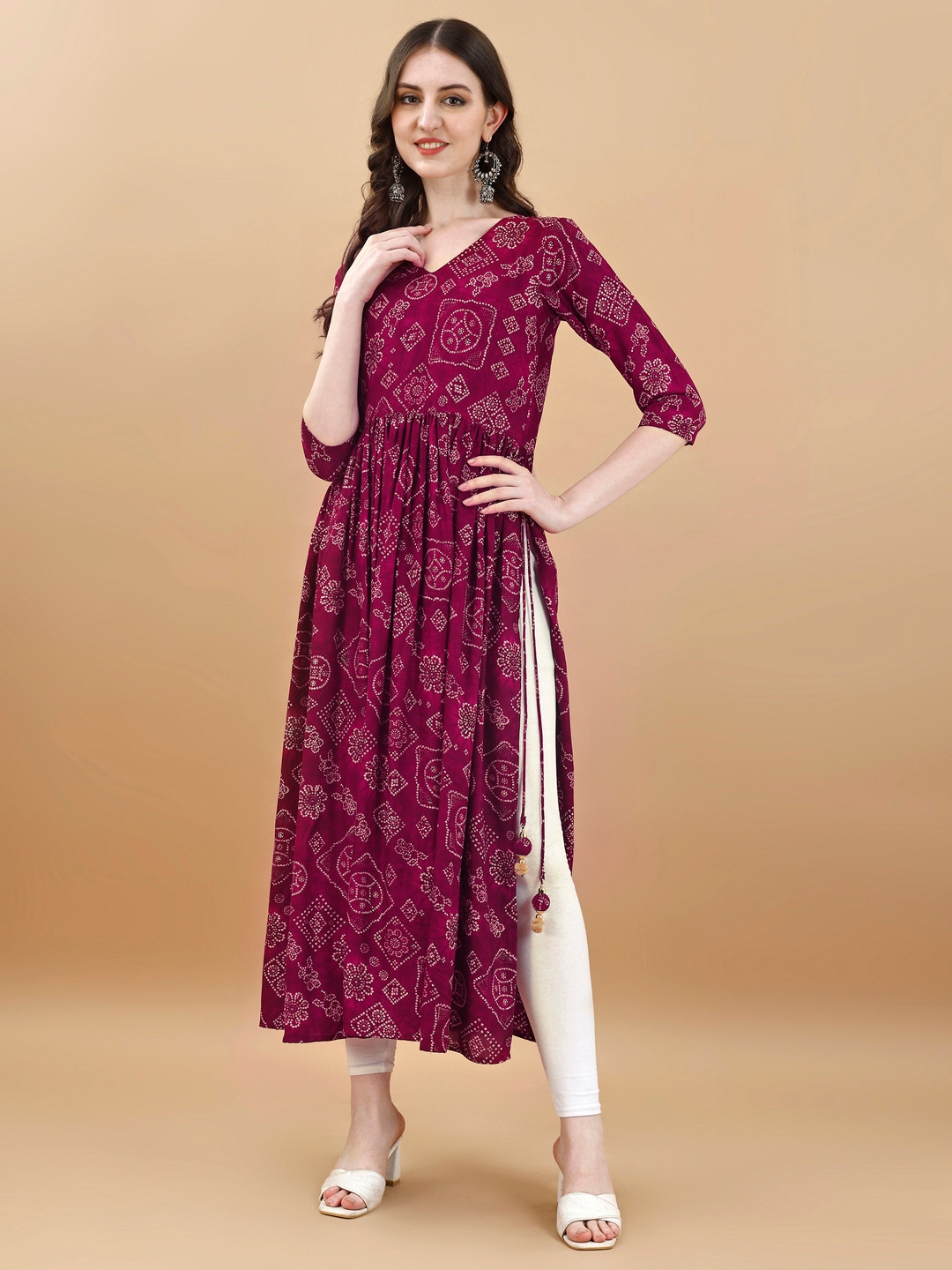 

TextileNow Women Paisley Embroidered Extended Sleeves Mirror Work Anarkali Kurta, Purple