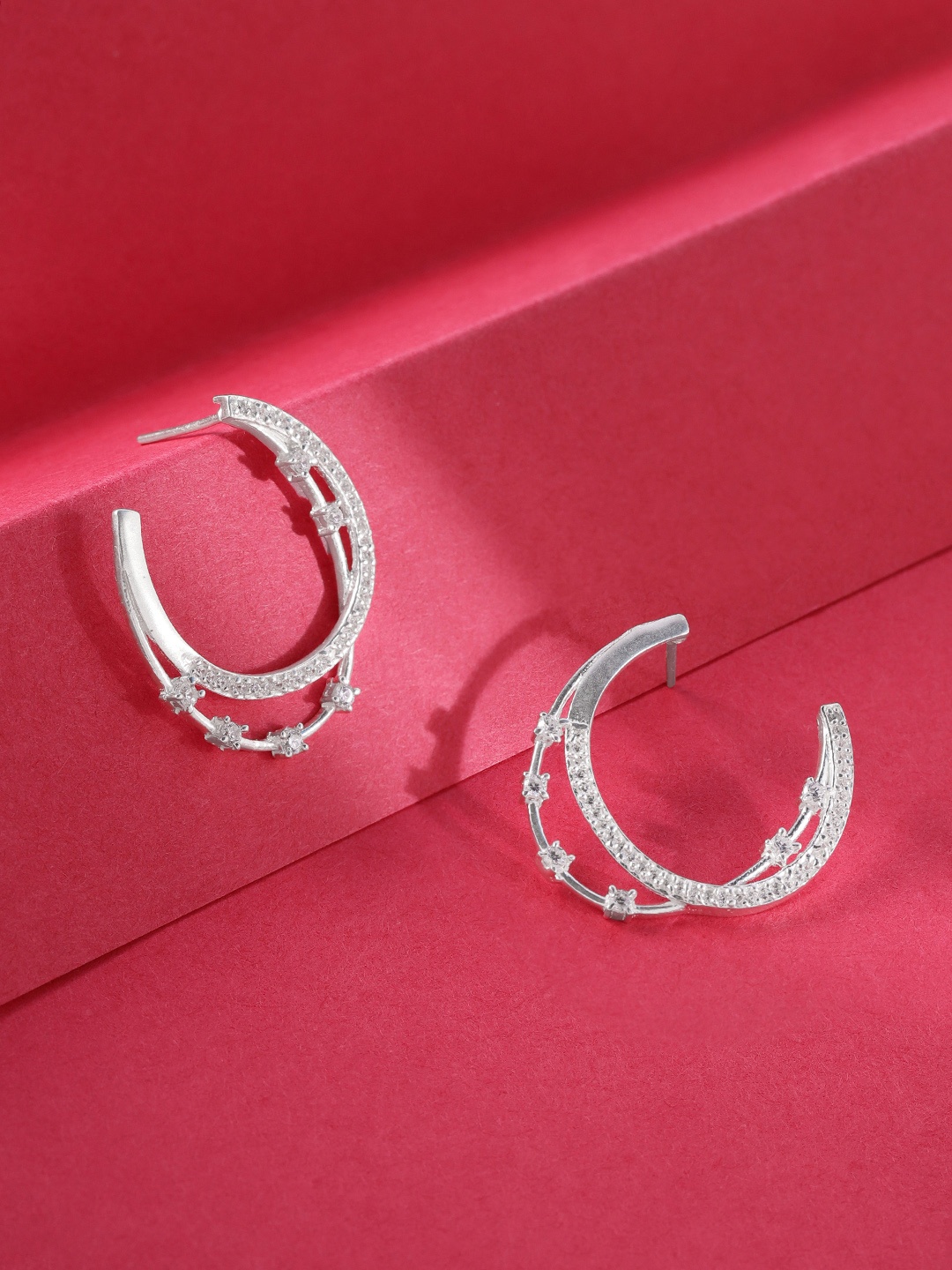 

Unniyarcha Stones-Studded Circular Half Hoop Earrings, Silver