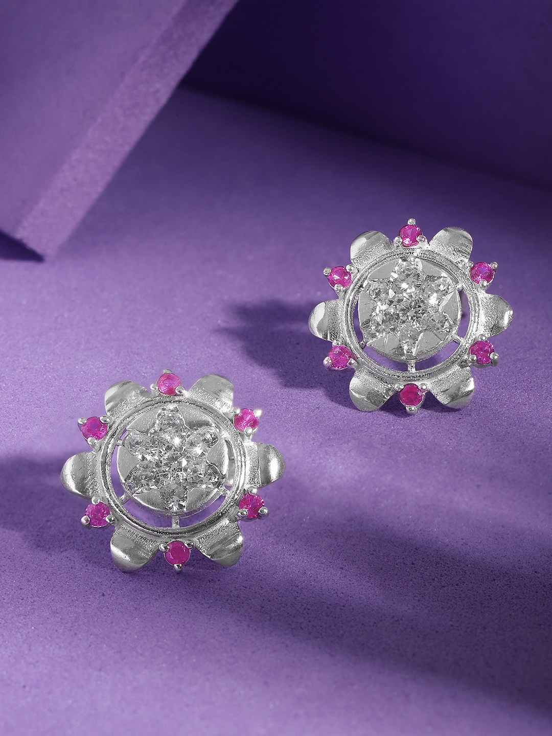 

Unniyarcha Floral Stones-Studded Studs, Silver