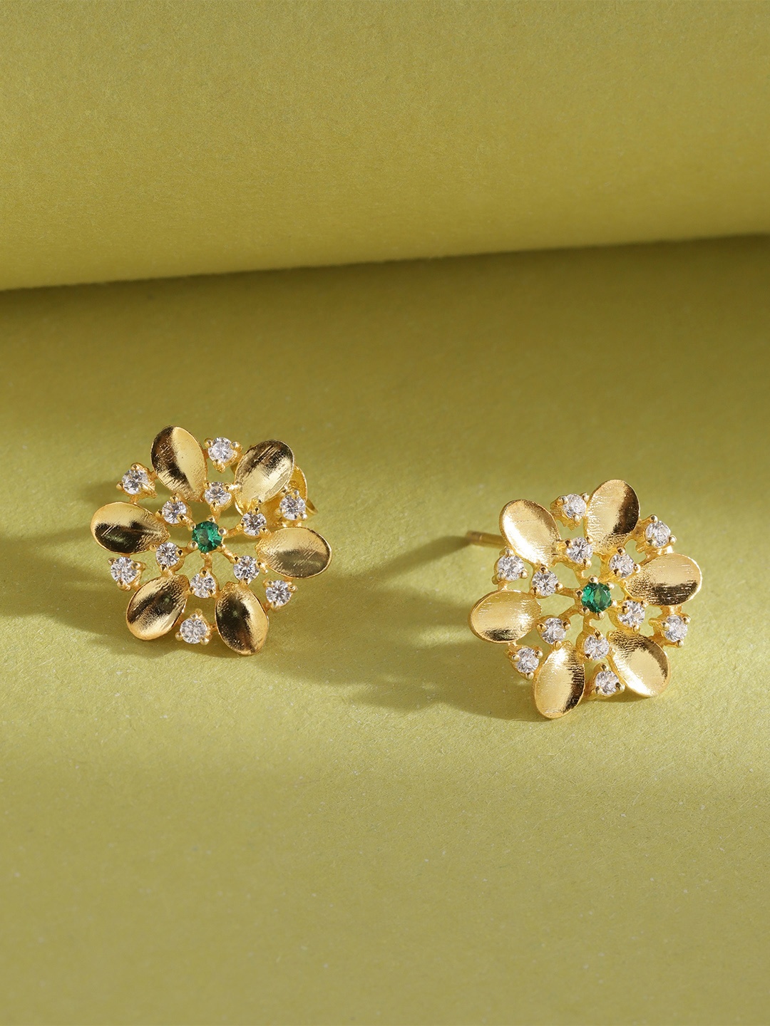 

Unniyarcha Gold-Plated 92.5 Silver Floral Stones-Studded Studs