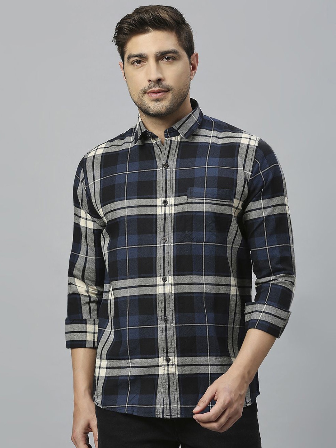 

Klub Fox Men Slim Fit Tartan Checks Opaque Checked Casual Shirt, Navy blue