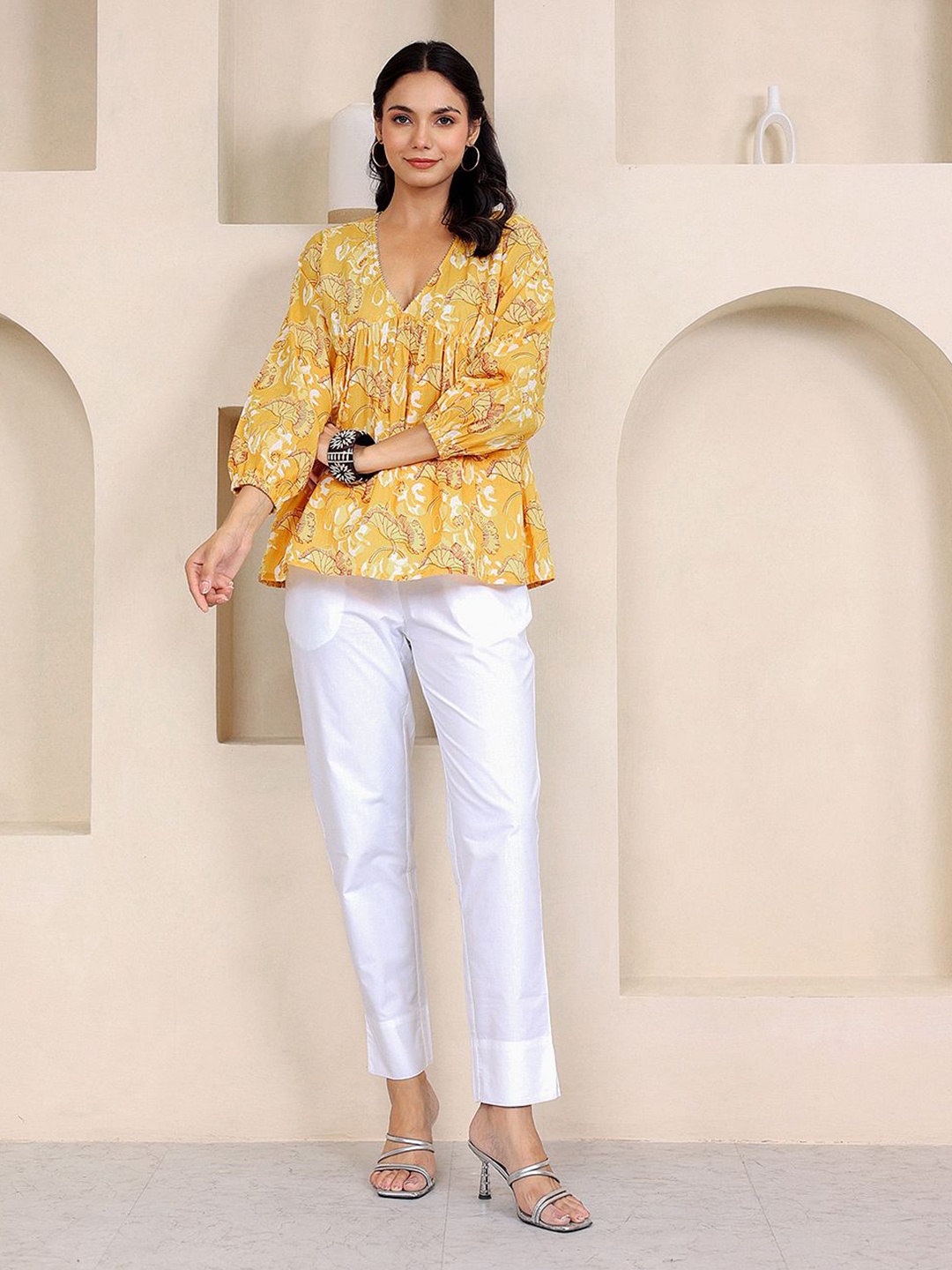 

GULAB CHAND TRENDS Floral Print Cotton Tiered Top, Yellow