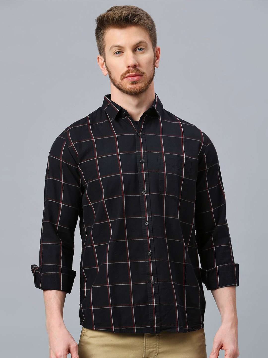 

Klub Fox Men Slim Fit Windowpane Checks Opaque Checked Casual Shirt, Black