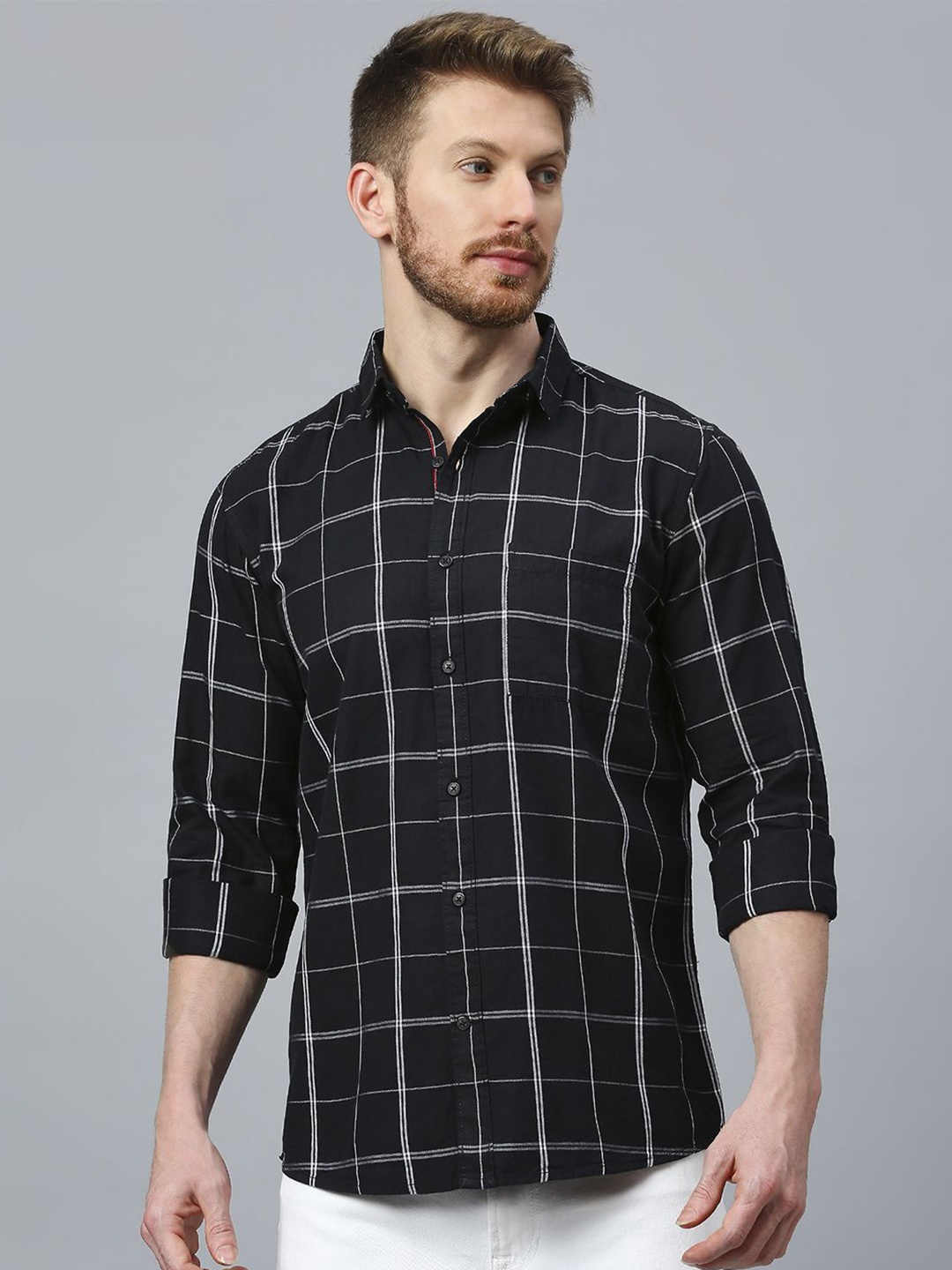 

Klub Fox Men Slim Fit Windowpane Checks Opaque Checked Casual Shirt, Black