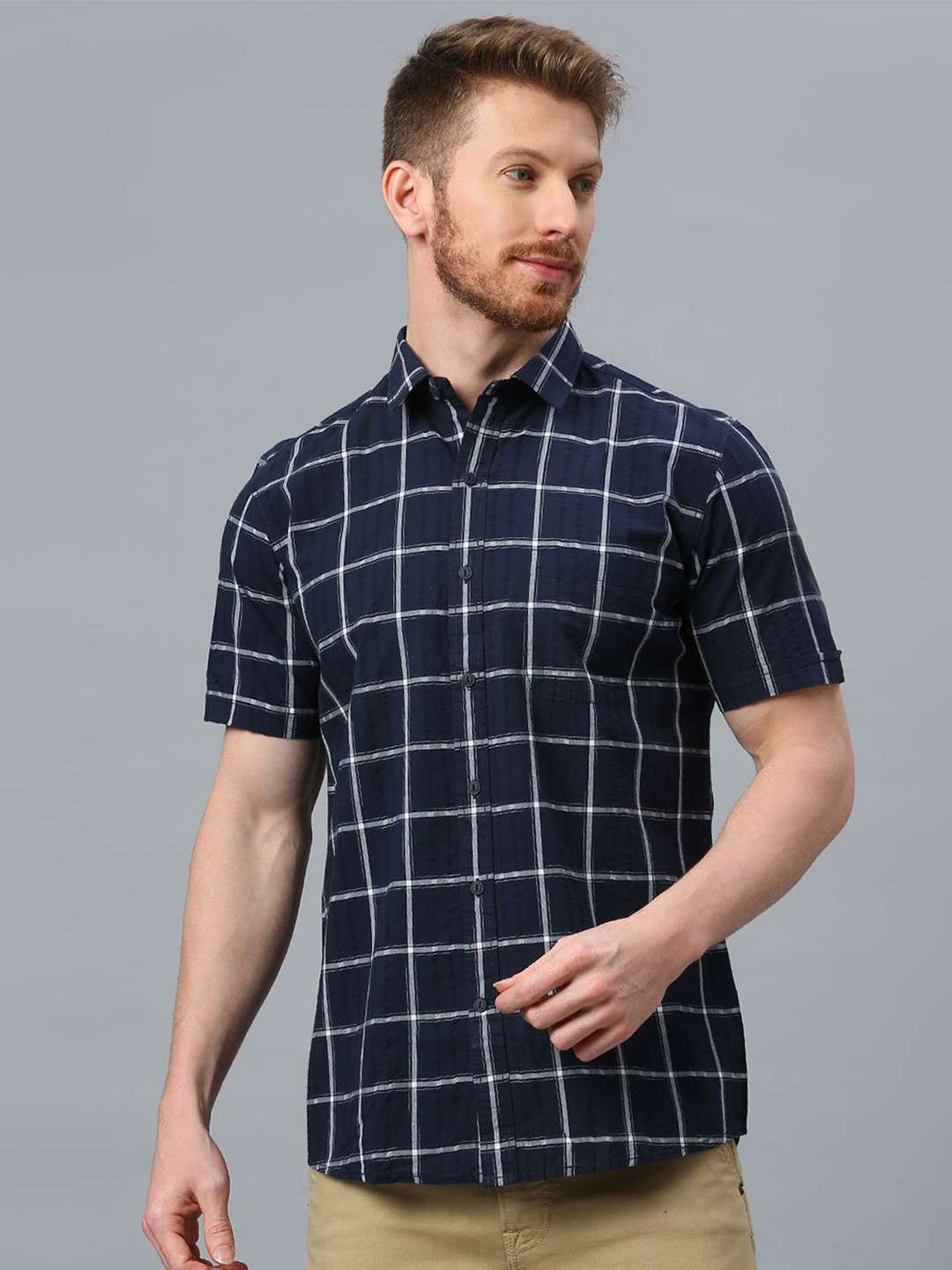 

Klub Fox Men Slim Fit Windowpane Checks Opaque Checked Casual Shirt, Navy blue