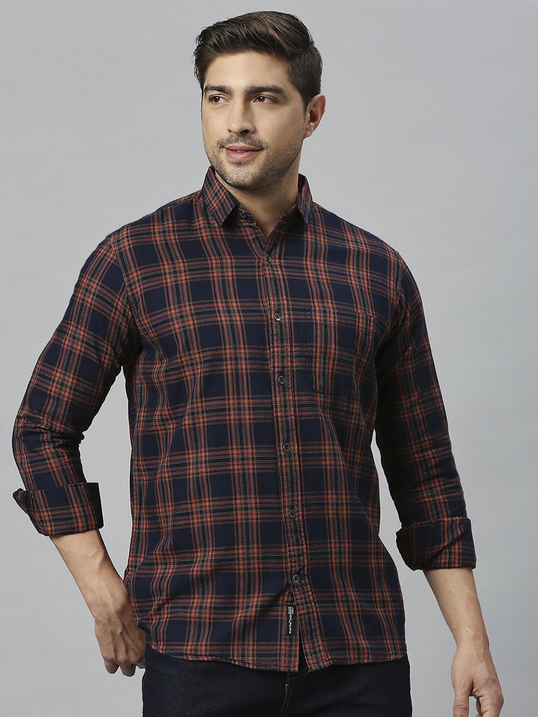 

Klub Fox Men Slim Fit Tartan Checks Opaque Checked Casual Shirt, Navy blue
